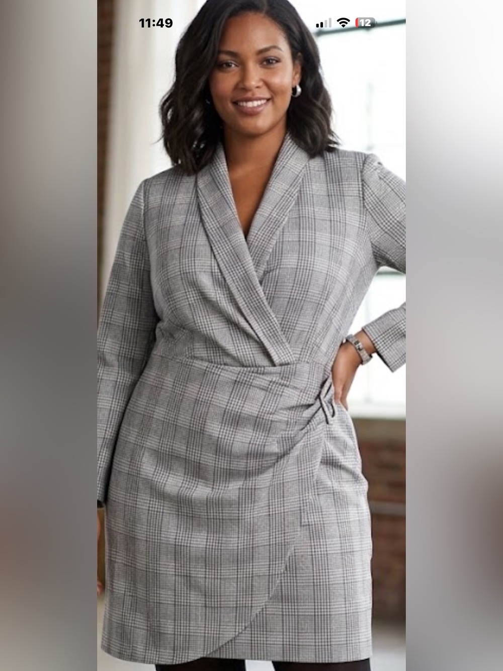 Donna Morgan Maitrie Metallic Gray Plaid Wrap Long-Sleeve Dress NWT